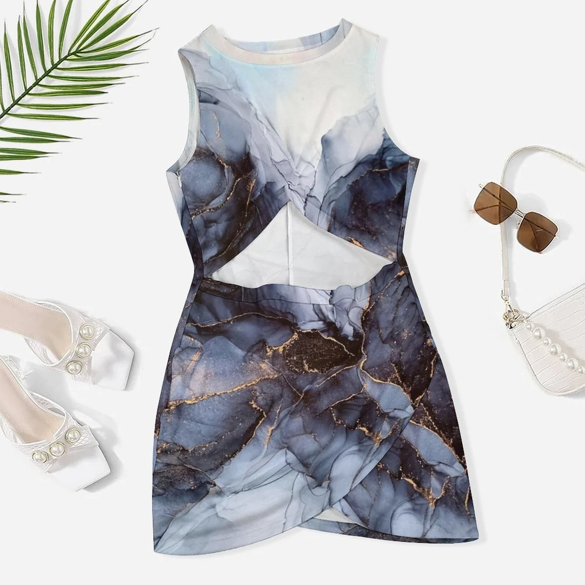 Women's Twist Front Cutout Bodycon Dress - Smoky Gold Vein Marble Graphic - view 3