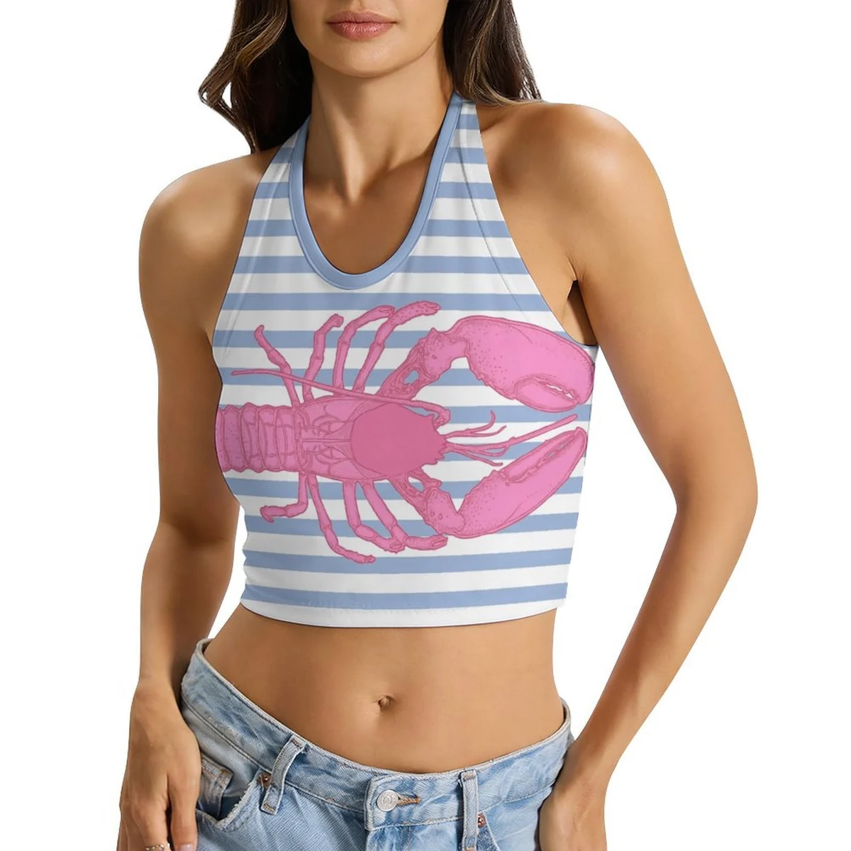Women's Halter Tie-Back Crop Top - Pink Lobster Stripe Print