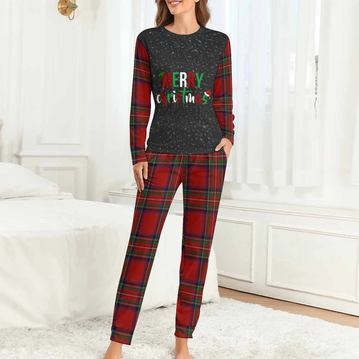 Women's Long Sleeve Tee and Jogger Pajama Set - Merry Christmas Tartan Print - view 5