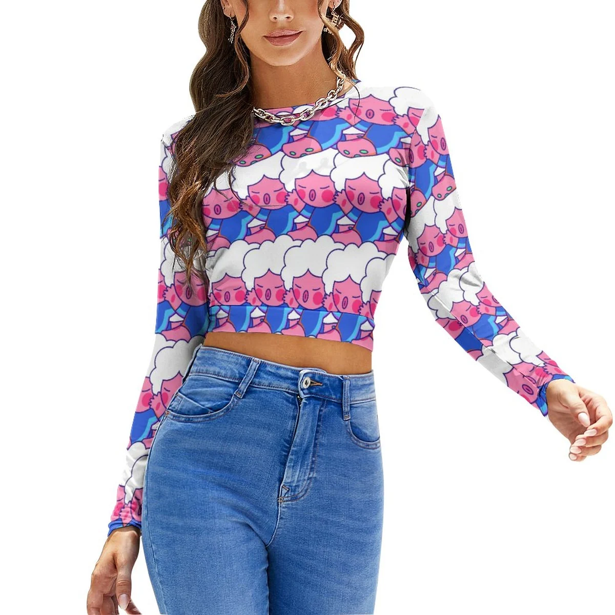 Women's Tie-Back Cutout Long Sleeve Crop Top - Piggy Stripe Print