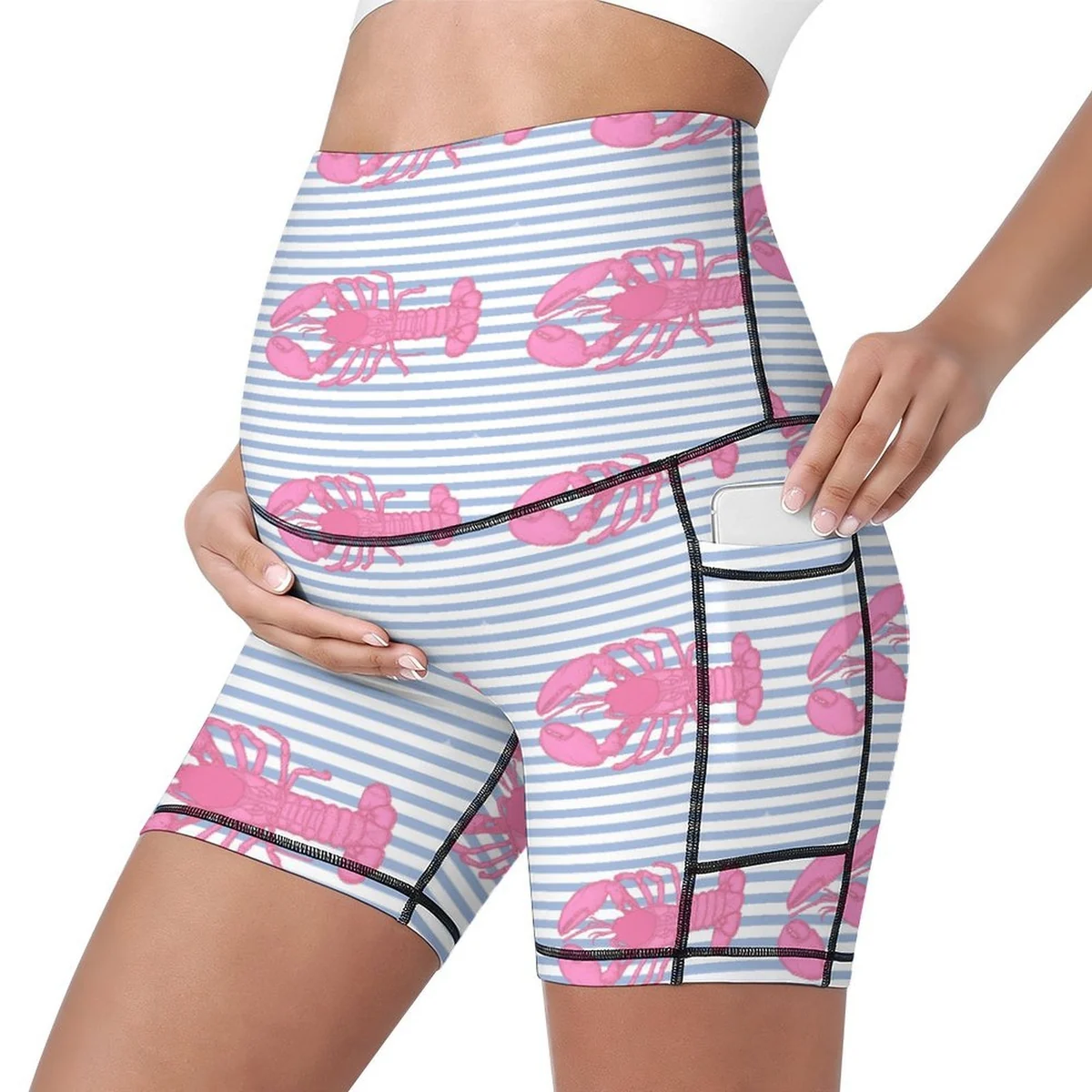 Women's Maternity High-Waist Bike Shorts with Pockets - Pink Lobster Stripe Print