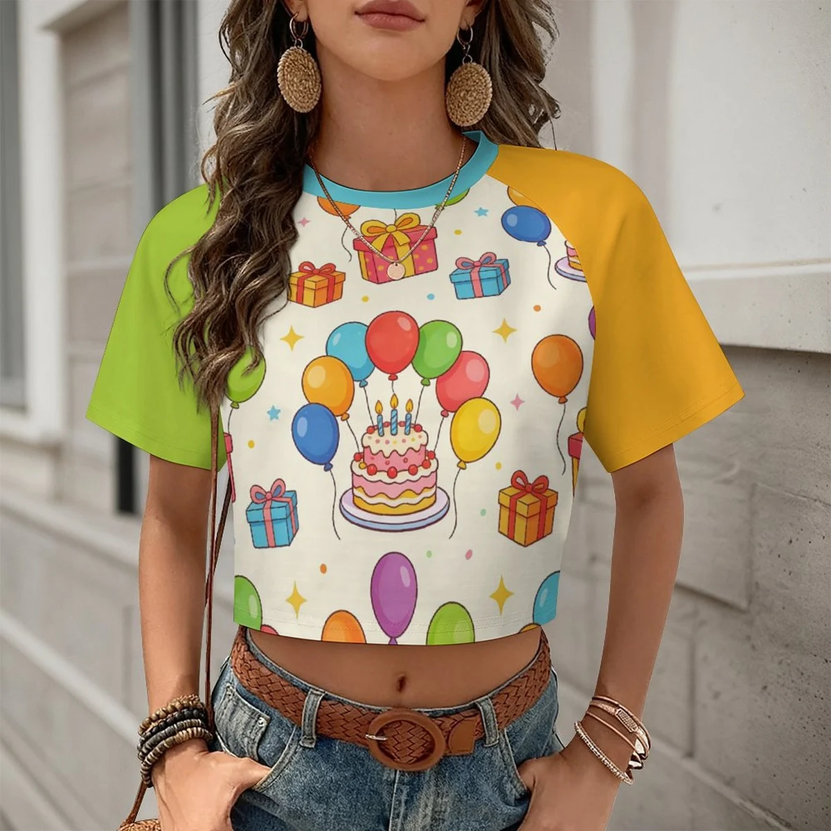 Women's Raglan Crop Tee - Birthday Balloon Party Print - view 2