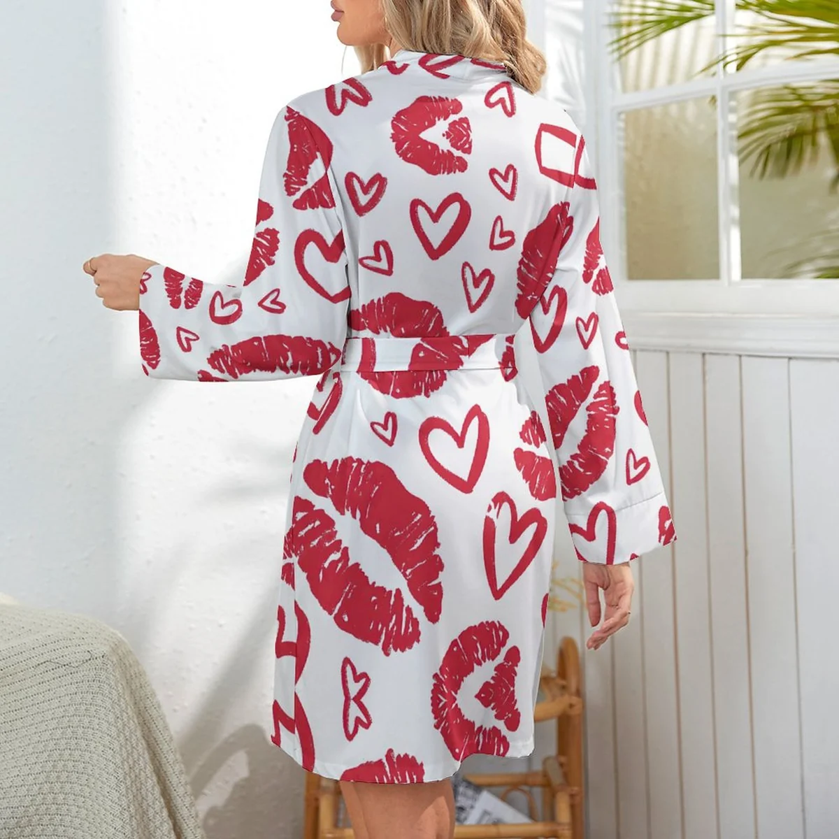 Women's Long Sleeve Belted Robe - Red Lips and Hearts Graphic - view 6