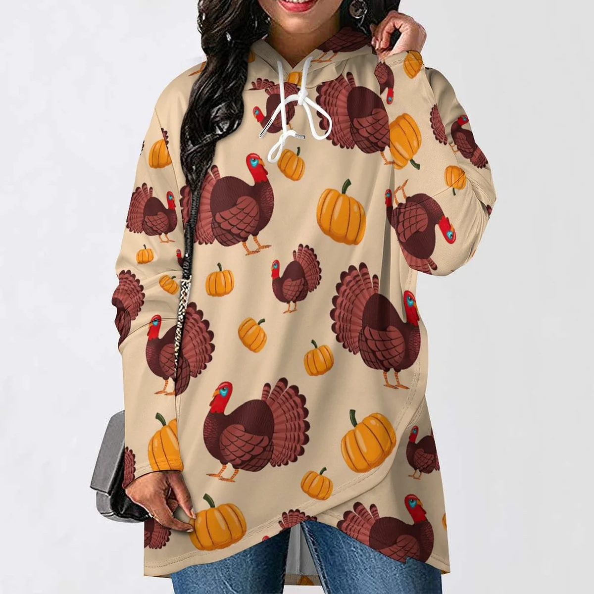 Women's Longline Asymmetric Hem Hoodie - Turkey and Pumpkin Print - view 2