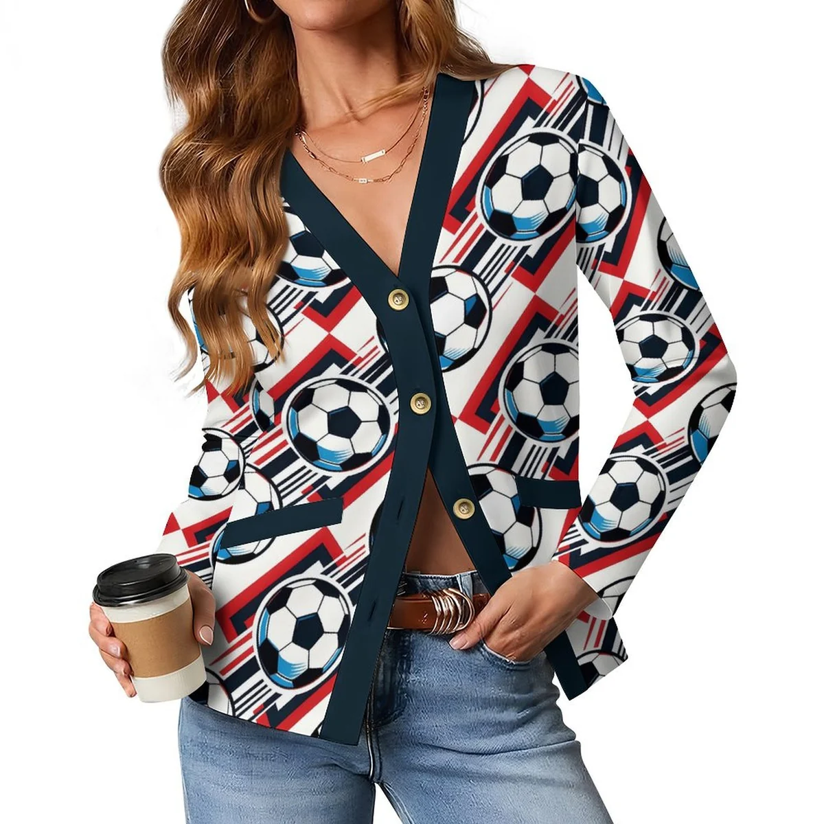 Women's Lightweight V-Neck Button Cardigan - Soccer Ball Stripe Print