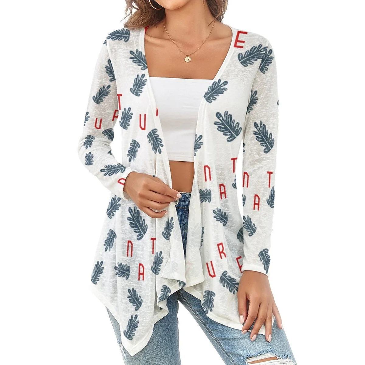 Women's Waterfall Open Front Knit Cardigan - Autumn Letter Leaf Print