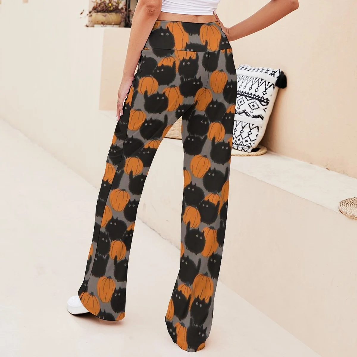 Women's Drawstring Straight Wide Leg Pants - Black Cat Crowd Print - view 5