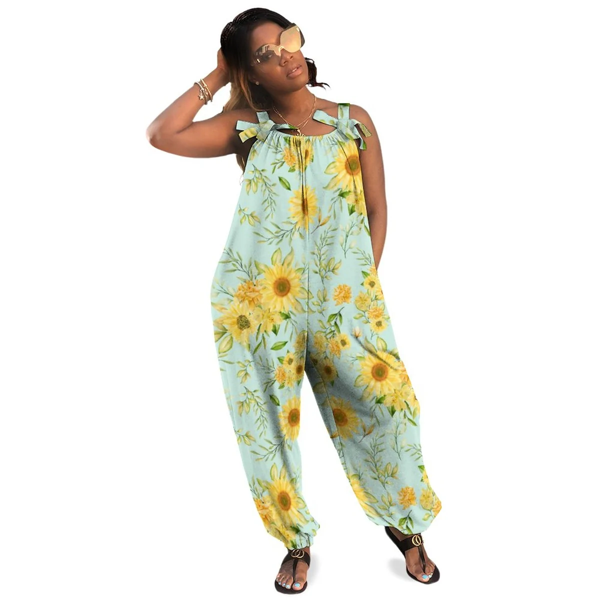 Women's Bow Shoulder Harem Jumpsuit - Sunflower Print