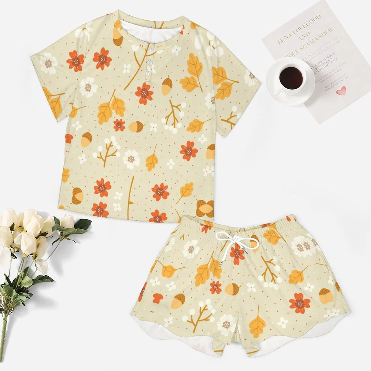 Women's Short Sleeve Tee and Shorts Pajama Set - Autumn Leaf and Acorn Graphic - view 5
