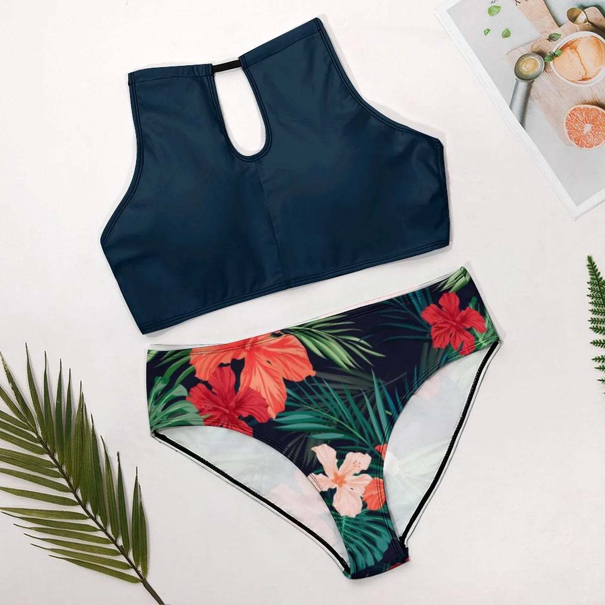 Women's Keyhole High-Neck Bikini Set - Hibiscus Palm Print - view 6