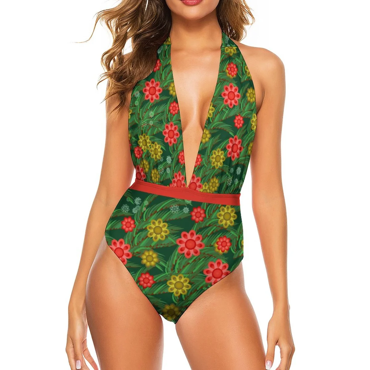 Women's Plunge Halter Belted One-Piece Swimsuit - Festive Folk Floral Print - view 3