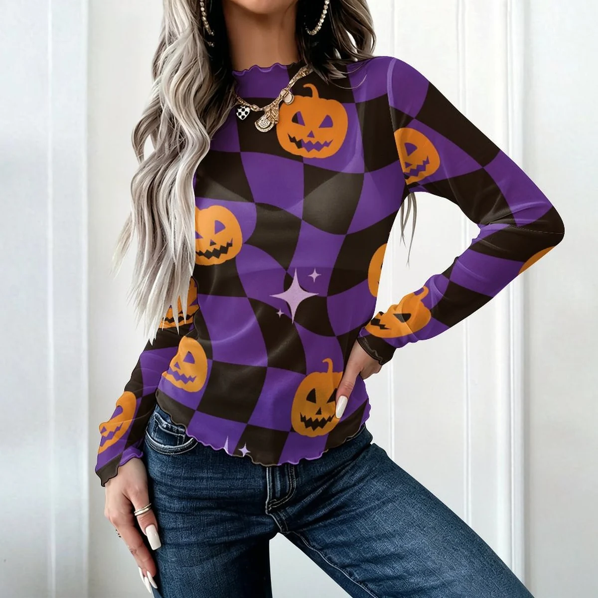 Women's High Neck Long Sleeve Mesh Top - Checkered Jack-O-Lantern Print - view 2