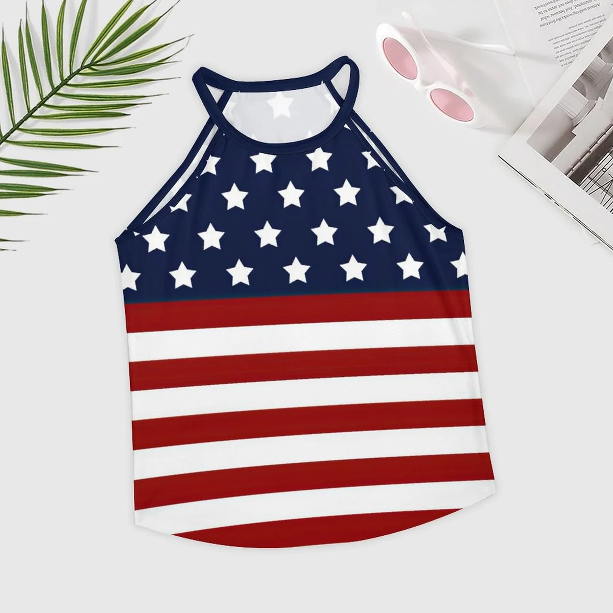 Women's High Neck Racer Halter Tank Top - Classic American Flag Print - view 3
