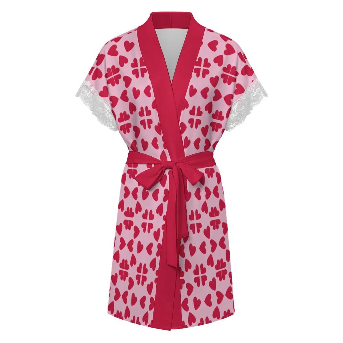 Women's Lace Trim Short Sleeve Belted Robe - Pink Heart Print - view 4