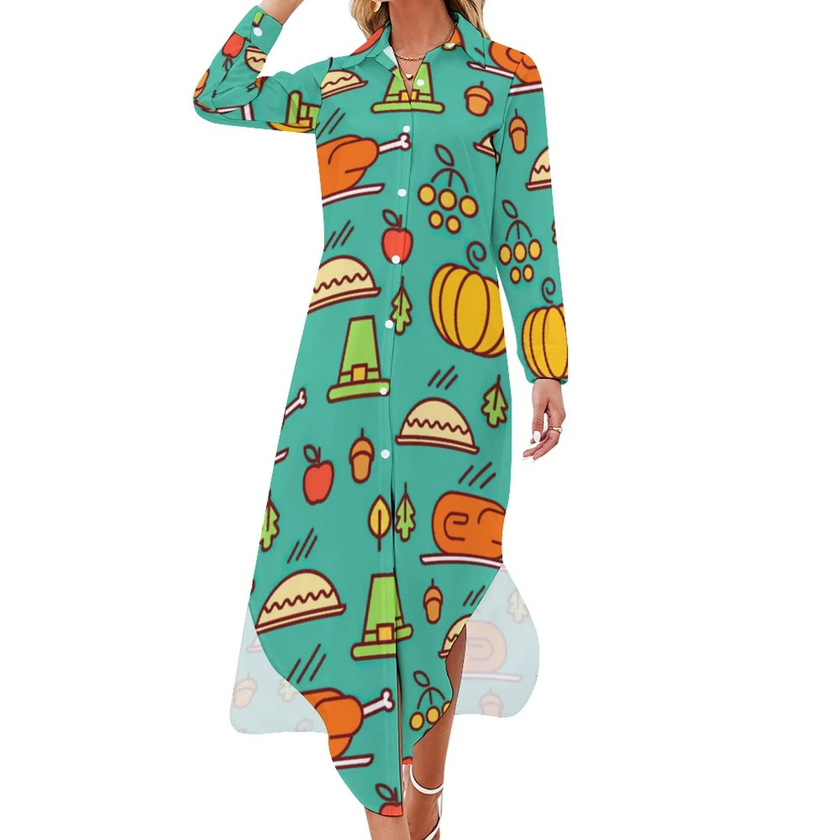 Women's Button-Down Long Sleeve Shirt Midi Dress - Thanksgiving Harvest Print