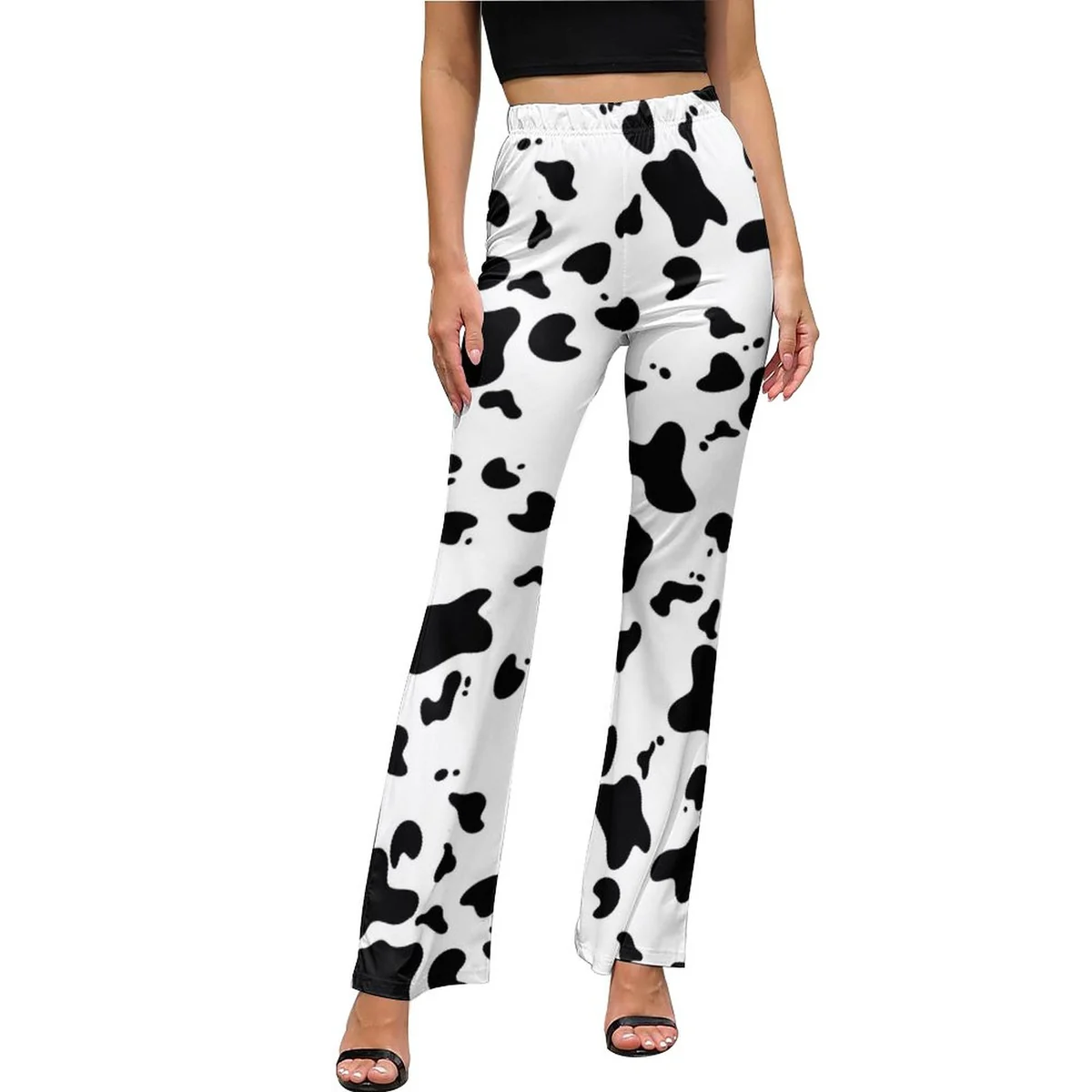 Women's High-Waist Flare Pants - Cow Print