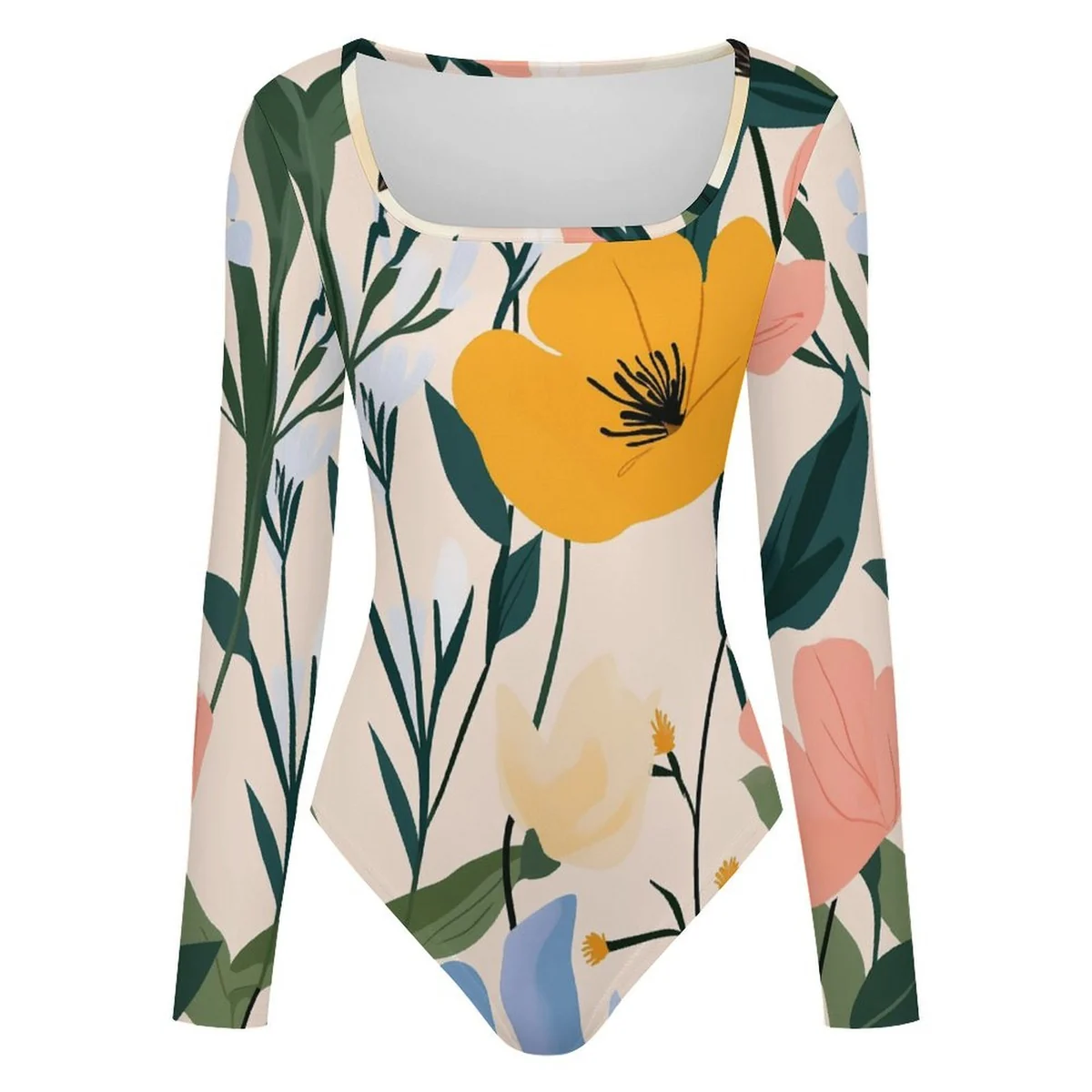 Women's Square-Neck Long Sleeve Bodysuit - Modern Poppy Print - view 6