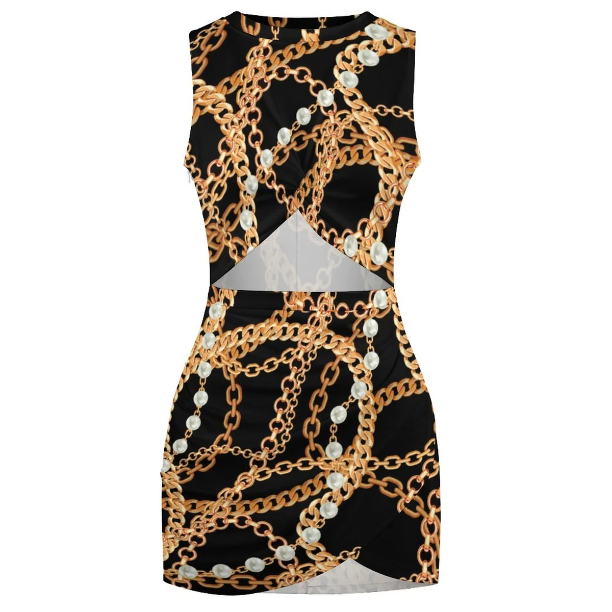 Women's Twist Front Cutout Bodycon Dress - Golden Chain Link Print - view 4