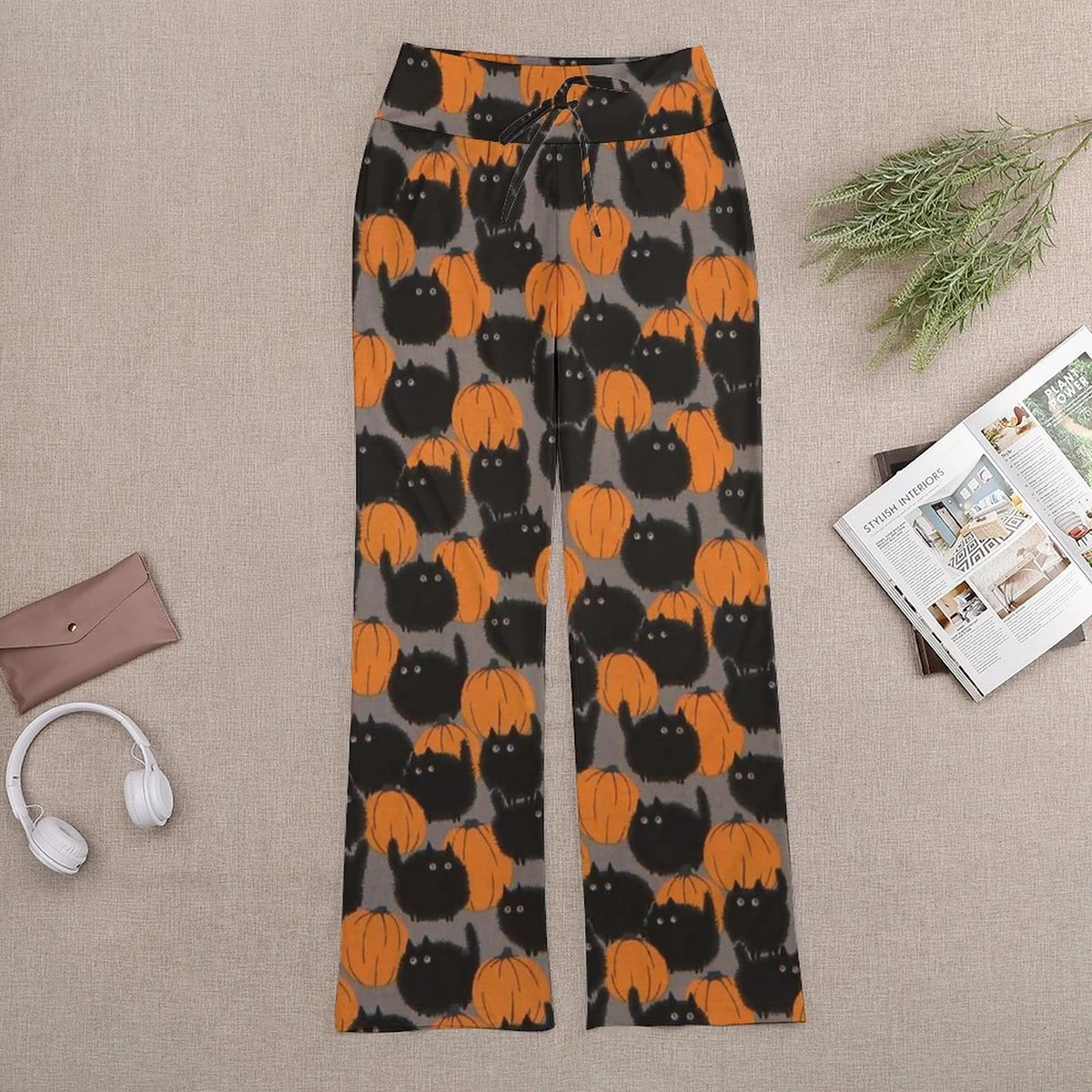 Women's Drawstring Straight Wide Leg Pants - Black Cat Crowd Print - view 6