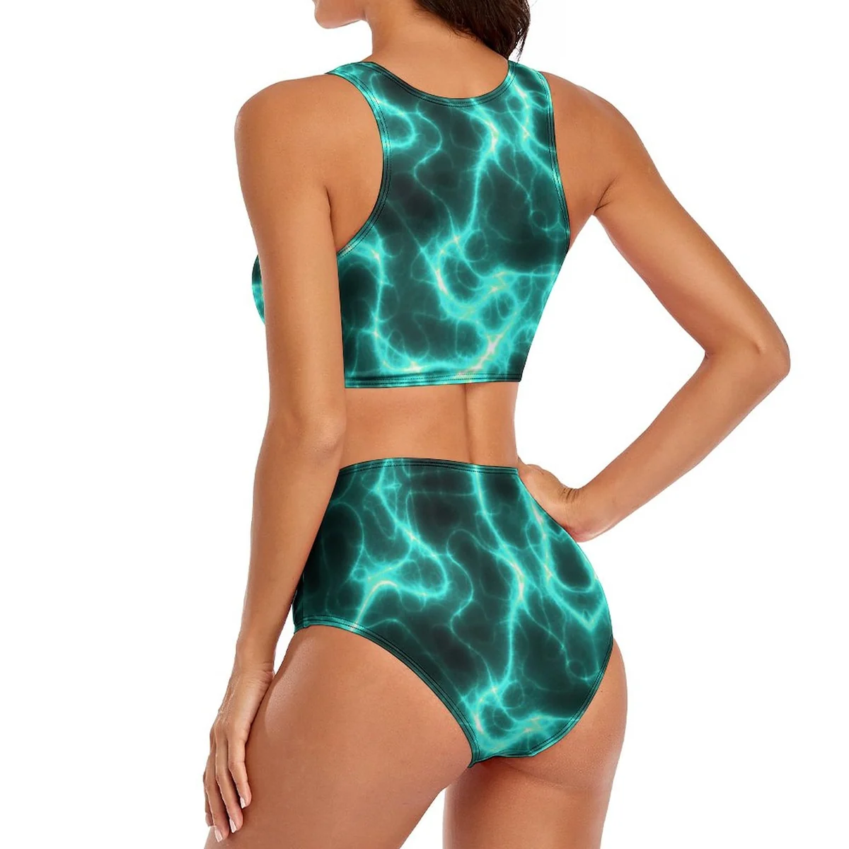 Women's Sporty High-Neck High-Waist Bikini Set - Electric Lightning Print - view 5