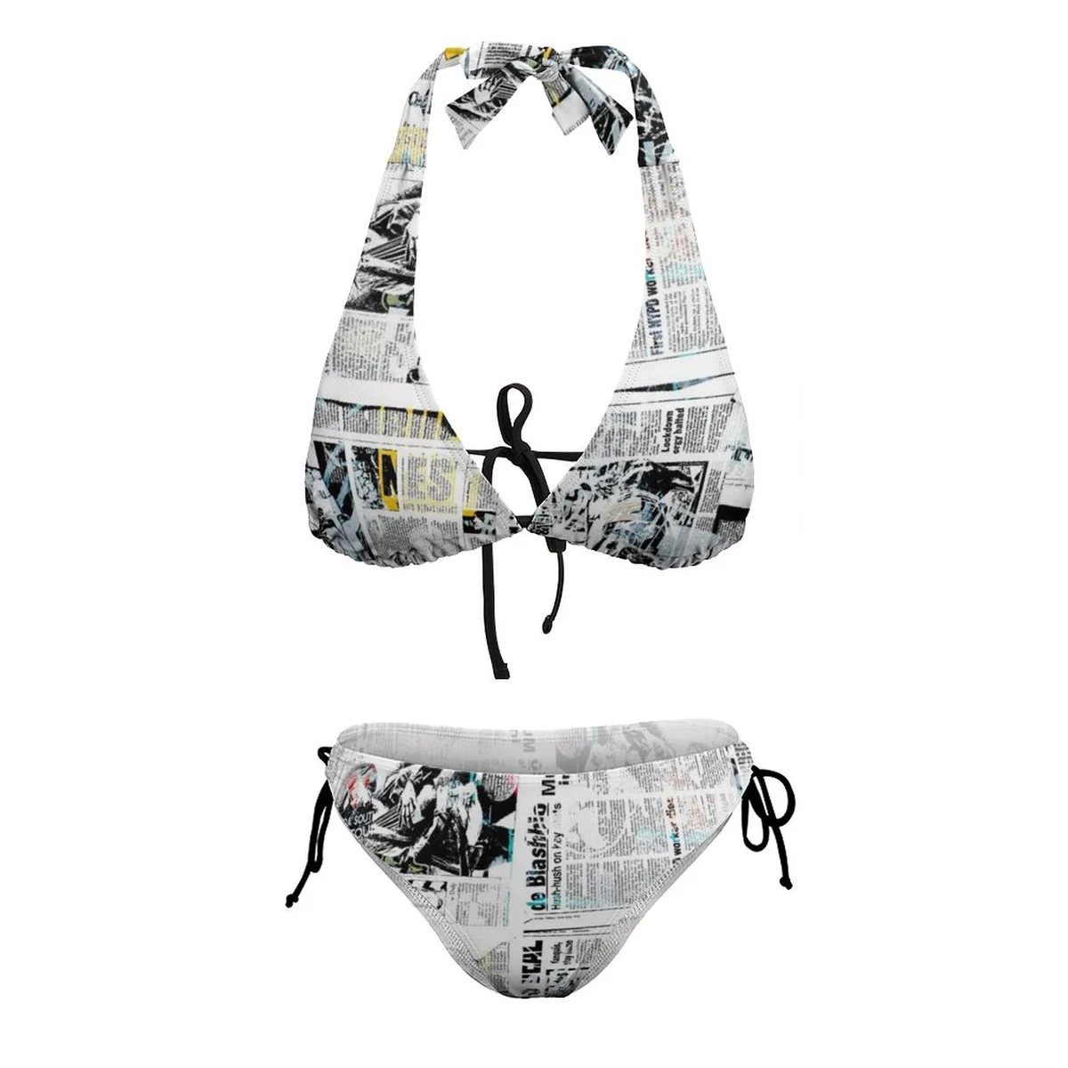 Women's Plus Size Halter Triangle Bikini Set - Vintage Newspaper Print - view 4