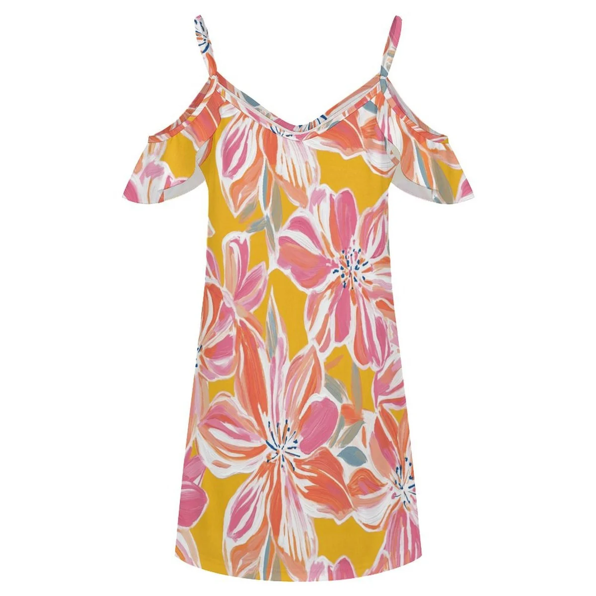 Women's Cold Shoulder Ruffle Mini Dress - Tropical Lily Print - view 5
