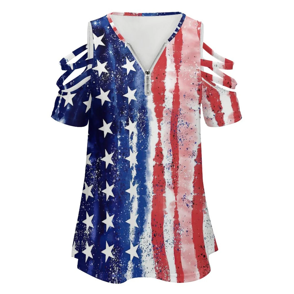 Women's Zip Front Cutout Sleeve Tunic Top - Painted Stars and Stripes Graphic - view 4