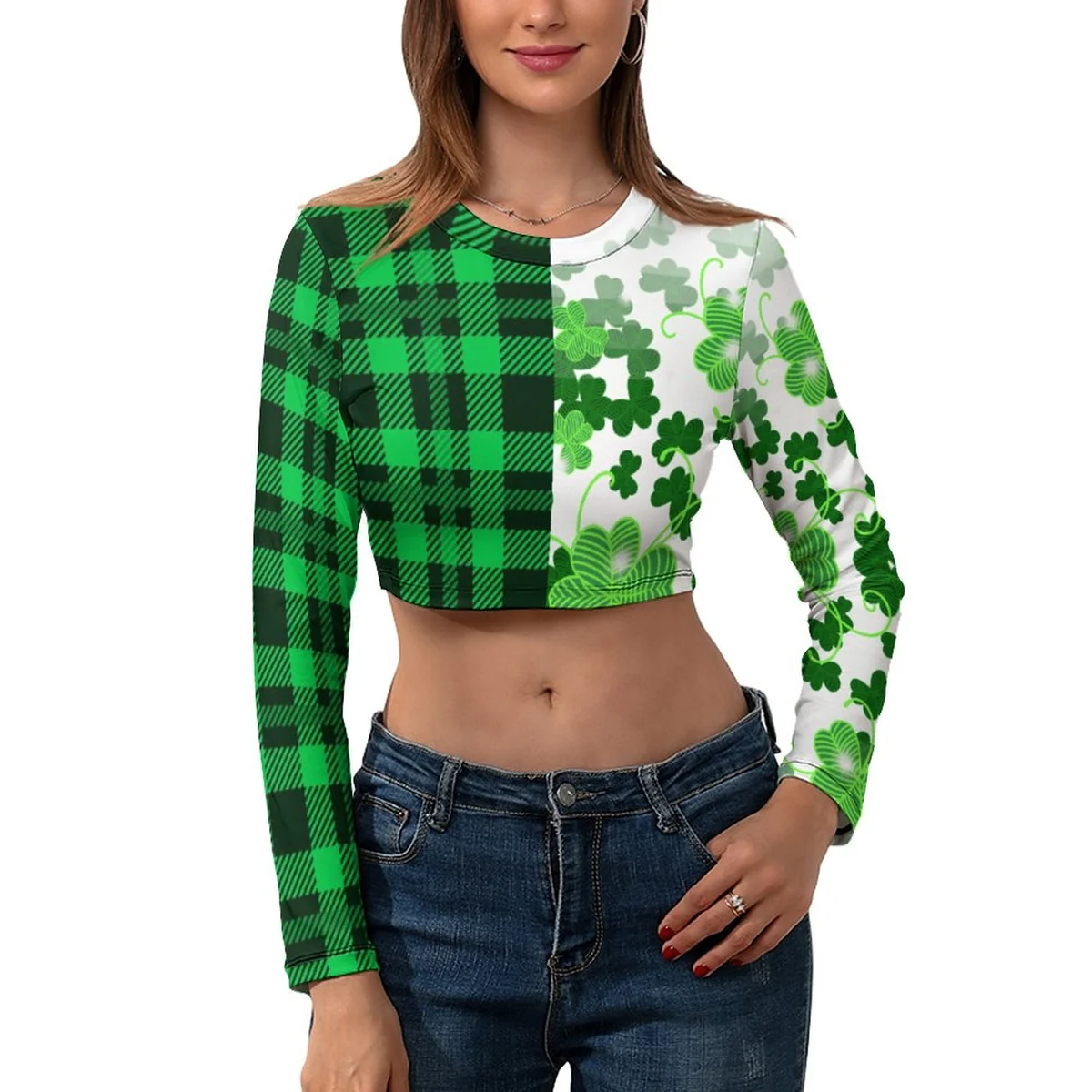 Women's Long Sleeve Crew Neck Crop Top - Buffalo Plaid Shamrock Print - view 6