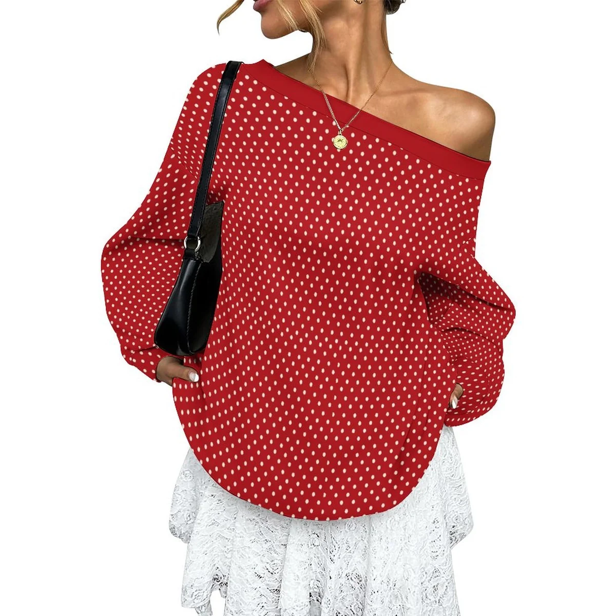 Women's Off-Shoulder Pullover Sweatshirt - Polka Dot Print - view 3