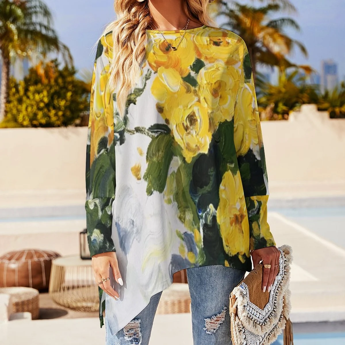 Women's Asymmetric Hem Long Sleeve Tunic - Oil Painted Yellow Rose Graphic - view 4