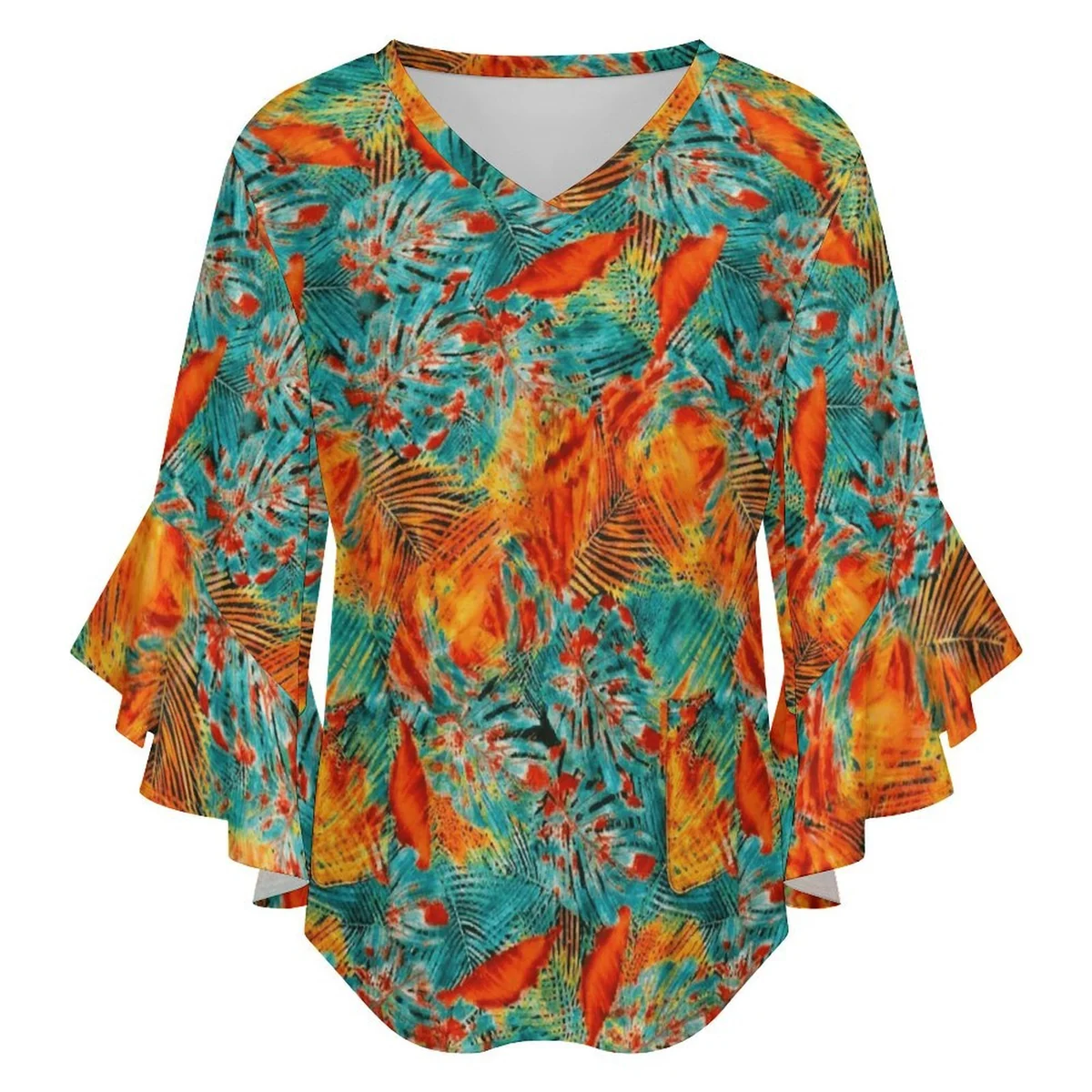 Women's V-Neck Bell Sleeve Blouse - Sunset Palm Frond Print - view 4