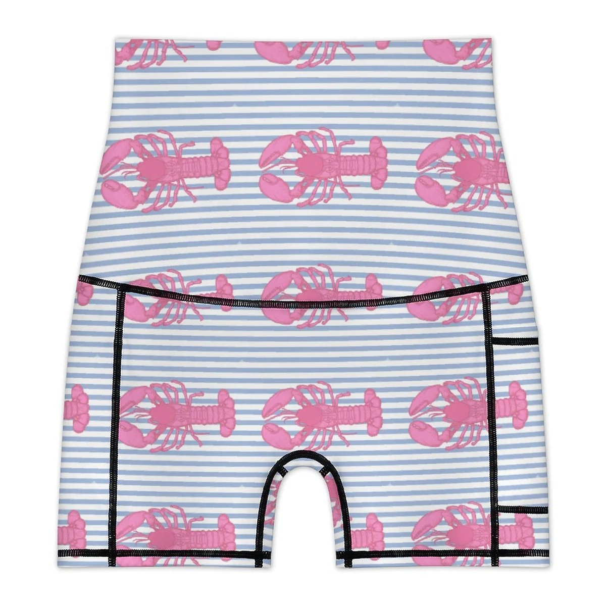 Women's Maternity High-Waist Bike Shorts with Pockets - Pink Lobster Stripe Print - view 4