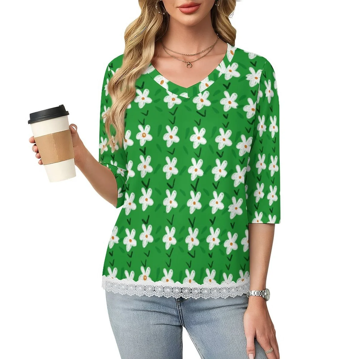 Women's Lace Hem V-Neck Three-Quarter Sleeve Top - White Blossom on Green Graphic