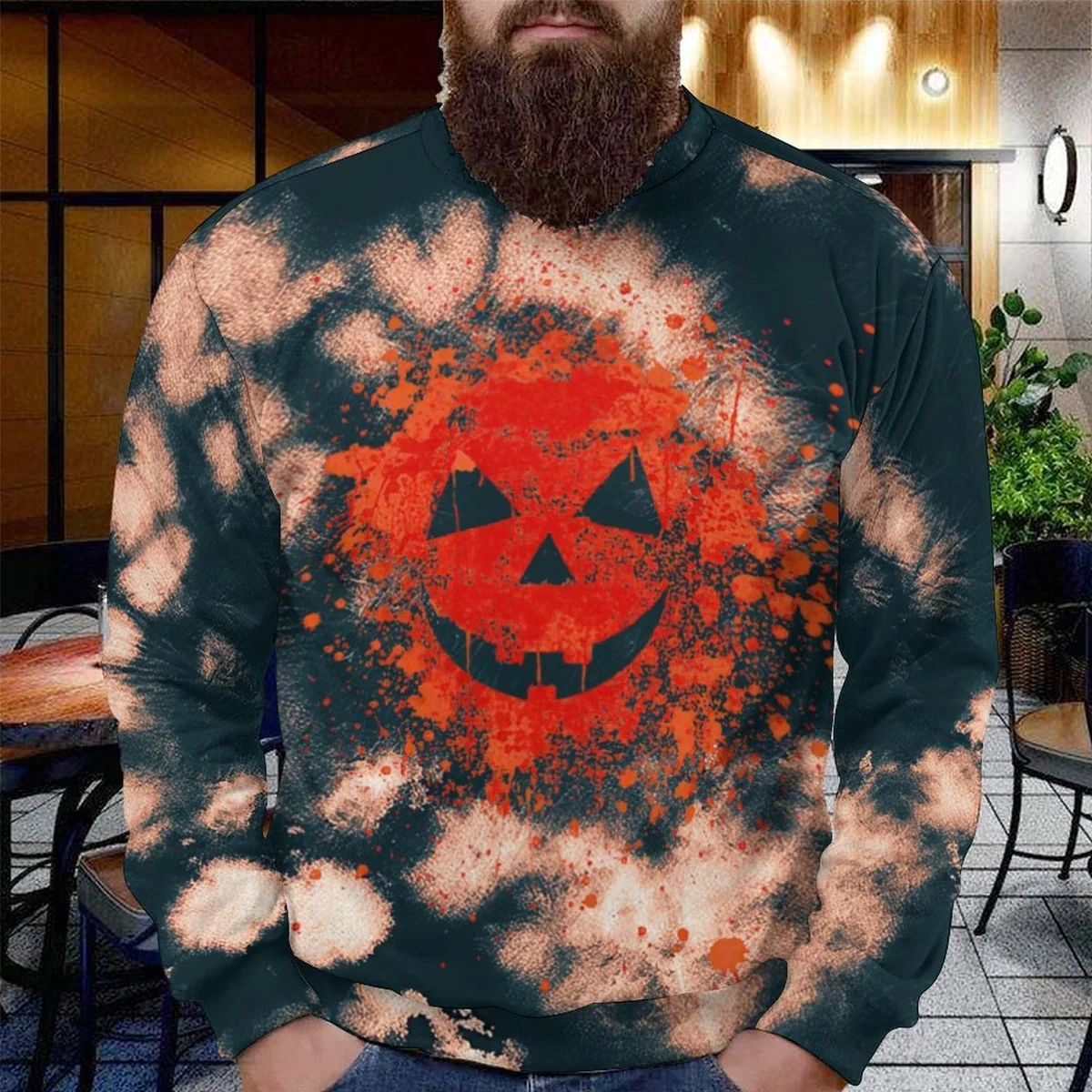 Unisex Crew Neck Sweatshirt - Bleached Jack-O-Lantern Print - view 2