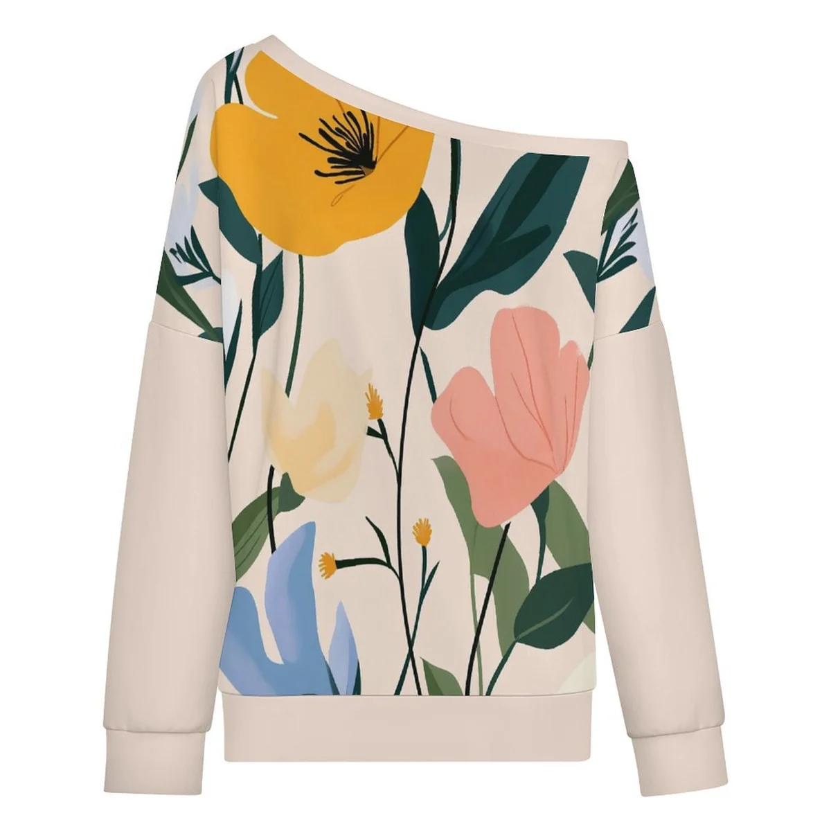 Women's Off-Shoulder Pullover Sweatshirt - Modern Poppy Print - view 6