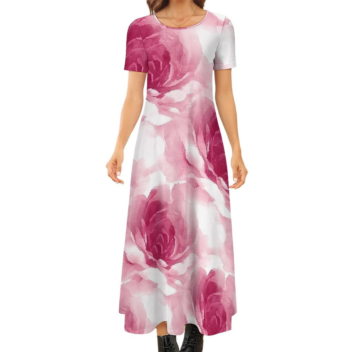 Women's Crew Neck Short Sleeve Maxi T-Shirt Dress - Watercolor Rose Print