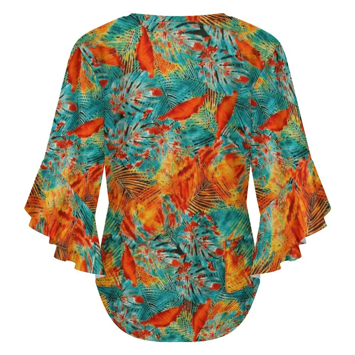 Women's V-Neck Bell Sleeve Blouse - Sunset Palm Frond Print - view 5