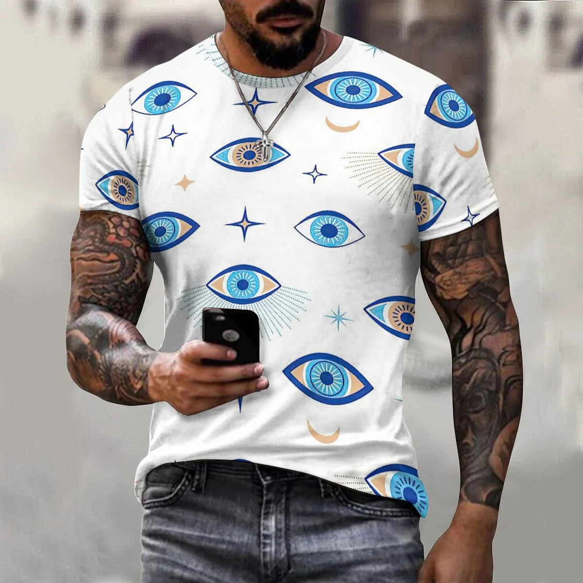 Men's Crew Neck Cotton Tee - Evil Eye Print - view 2