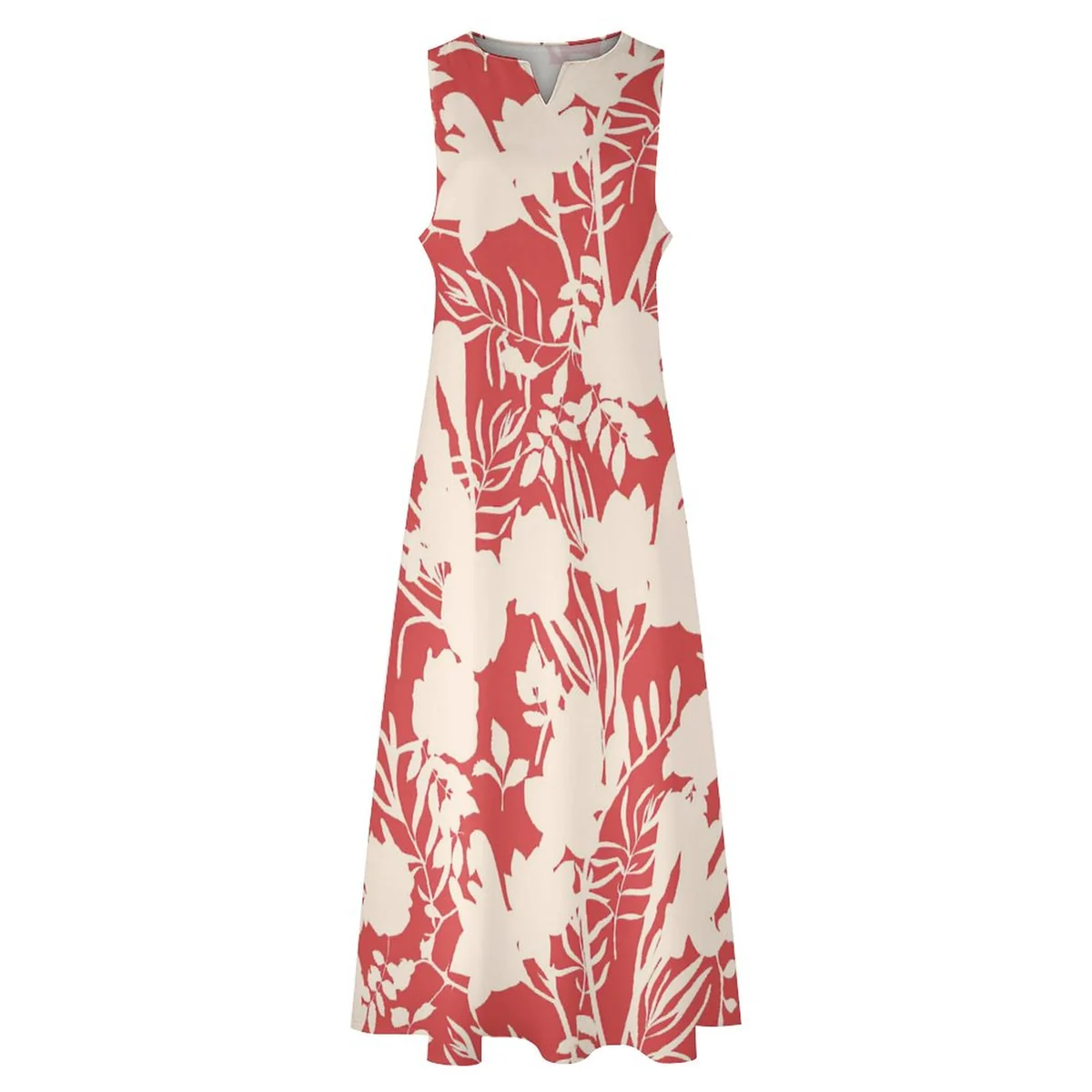 Women's Sleeveless Scoop-Neck Maxi Dress - Coral Botanical Silhouette Print - view 4