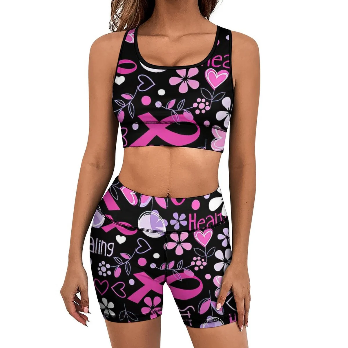 Women's Racerback Sports Bra and Bike Shorts Set - Pink Ribbon Healing Print