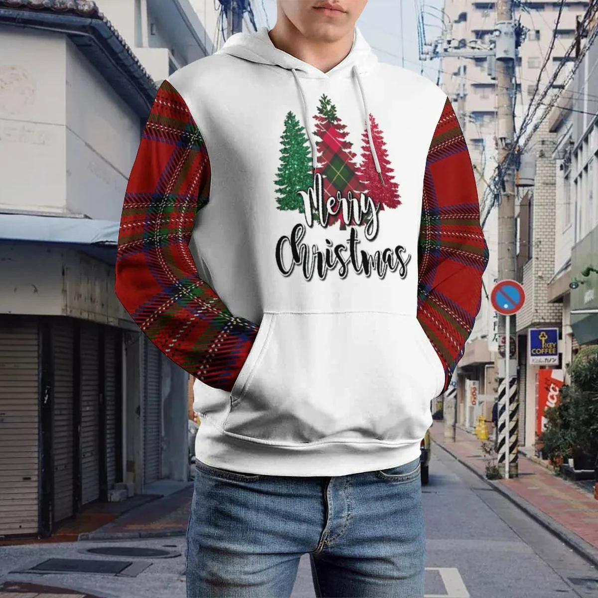 Unisex Double-Lined Hood Hoodie - Merry Christmas Tree Plaid Graphic - view 7