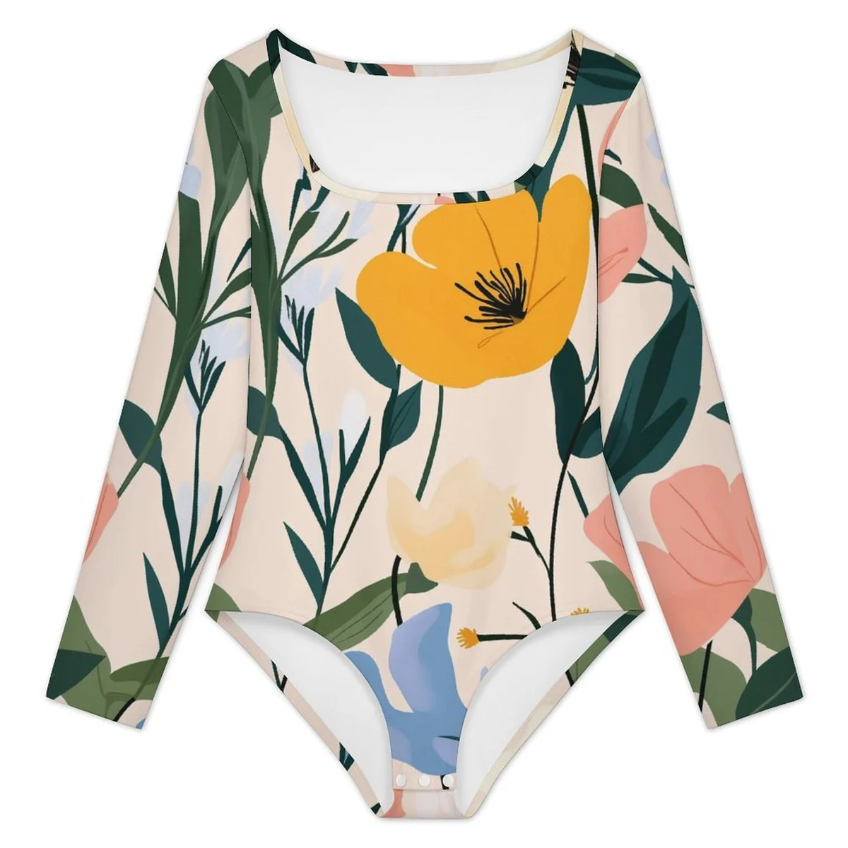 Women's Square-Neck Long Sleeve Bodysuit - Modern Poppy Print - view 5
