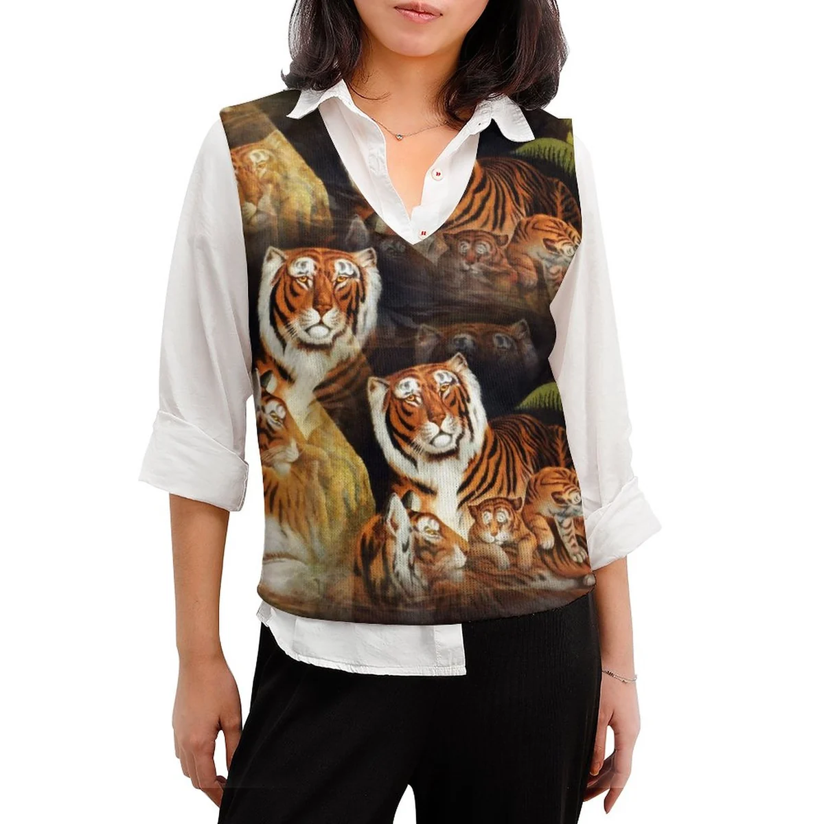 Women's V-Neck Knit Sweater Vest - Tiger Family Portrait Print