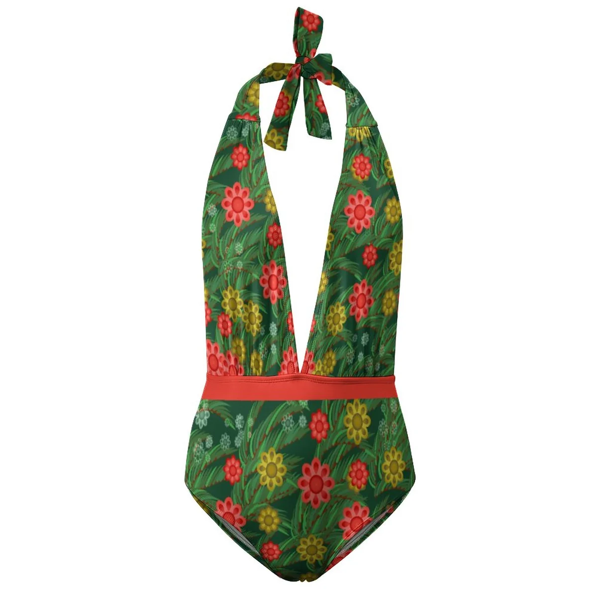 Women's Plunge Halter Belted One-Piece Swimsuit - Festive Folk Floral Print