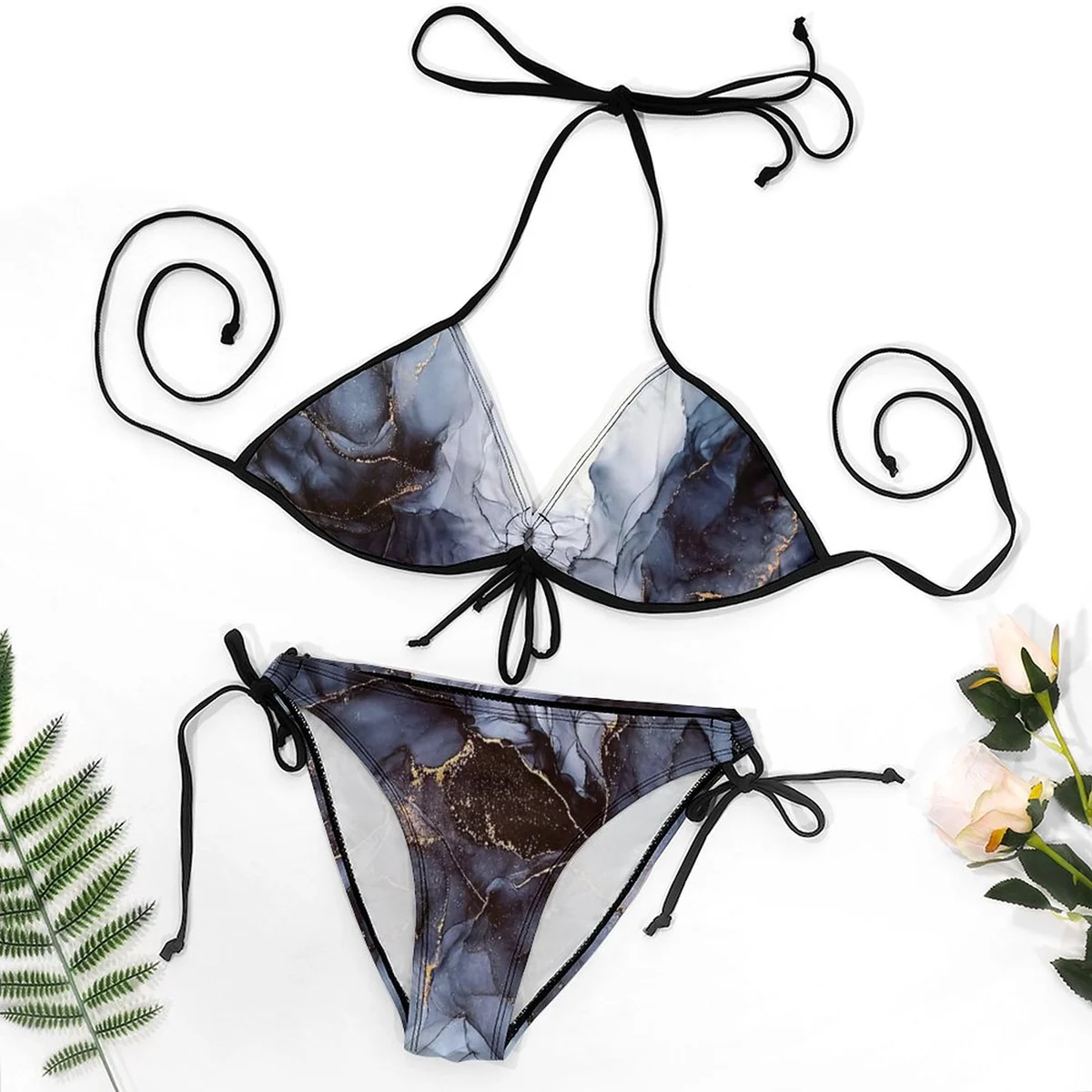 Women's Tie-Front Triangle Bikini Set - Stormy Marble Print - view 6