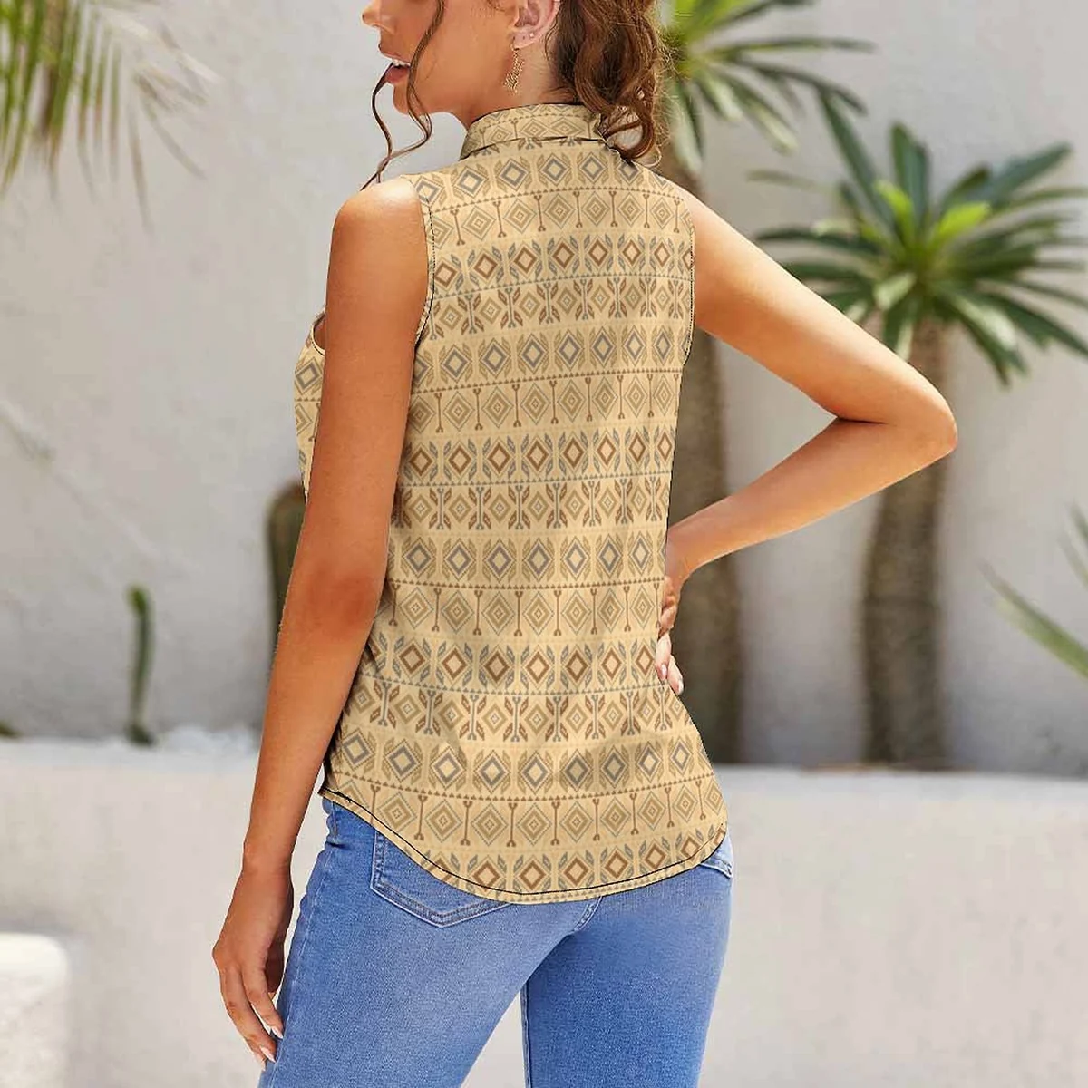Women's Tie Neck Sleeveless Blouse - Geometric Tile Print - view 2