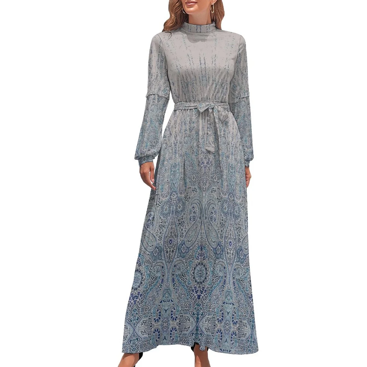 Women's Mock Neck Belted Long Sleeve Maxi Dress - Paisley Ombre Print