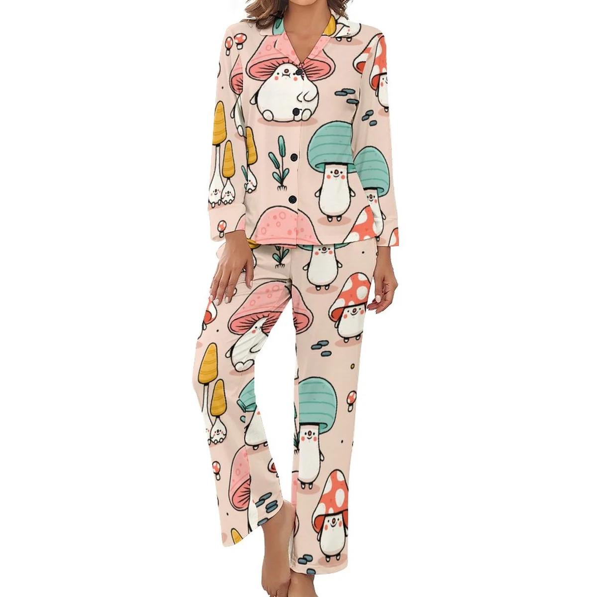 Women's Long Sleeve Button-Up Pajama Set - Cute Mushroom Print