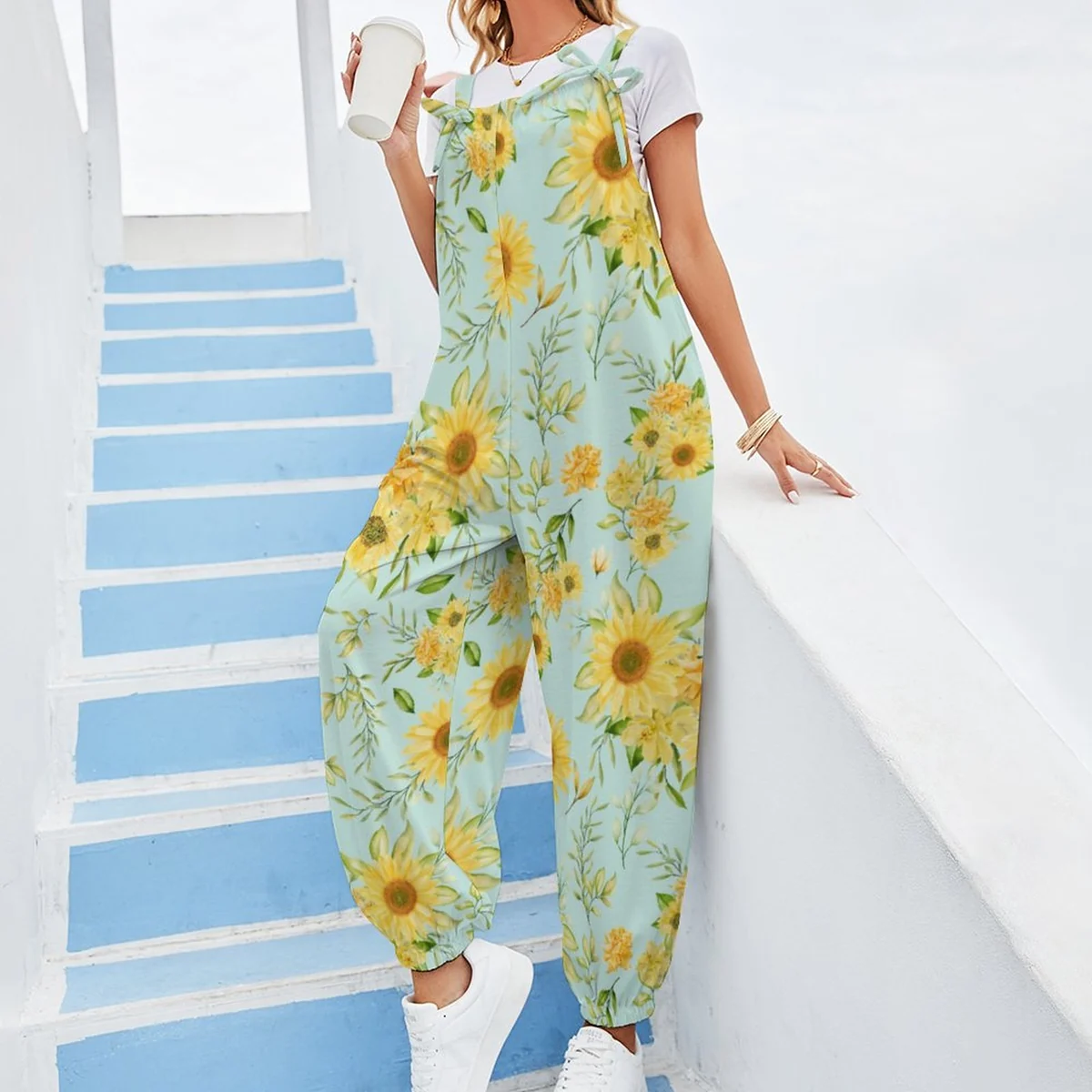 Women's Bow Shoulder Harem Jumpsuit - Sunflower Print - view 3