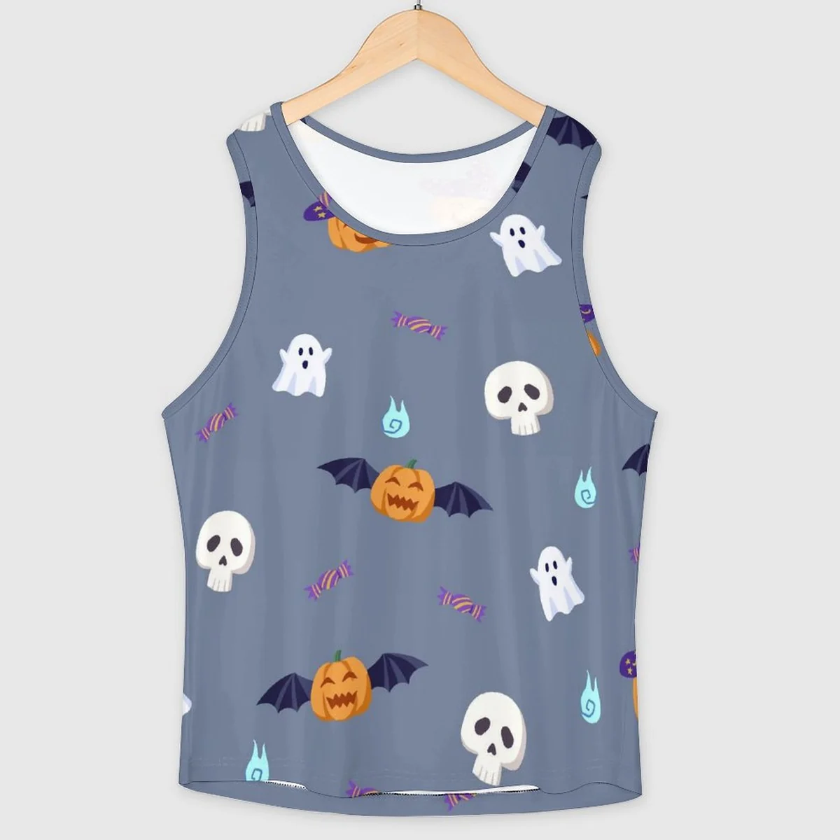 Women's Scoop-Neck Athletic Tank Top - Spooky Ghost and Pumpkin Graphic - view 3